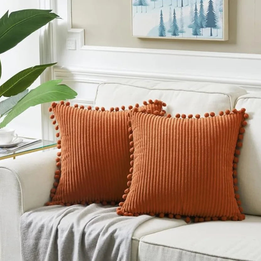 Boho Style Decorative Pillow Covers with Pom-poms 45x45cm Pillow Covers Corduroy Cushion Case Cute and Soft Square Throw Pillow