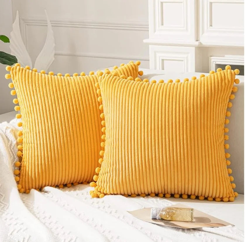 Boho Style Decorative Pillow Covers with Pom-poms 45x45cm Pillow Covers Corduroy Cushion Case Cute and Soft Square Throw Pillow