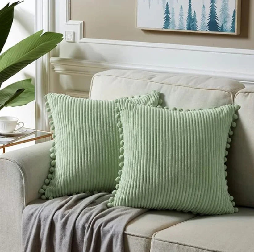 Boho Style Decorative Pillow Covers with Pom-poms 45x45cm Pillow Covers Corduroy Cushion Case Cute and Soft Square Throw Pillow