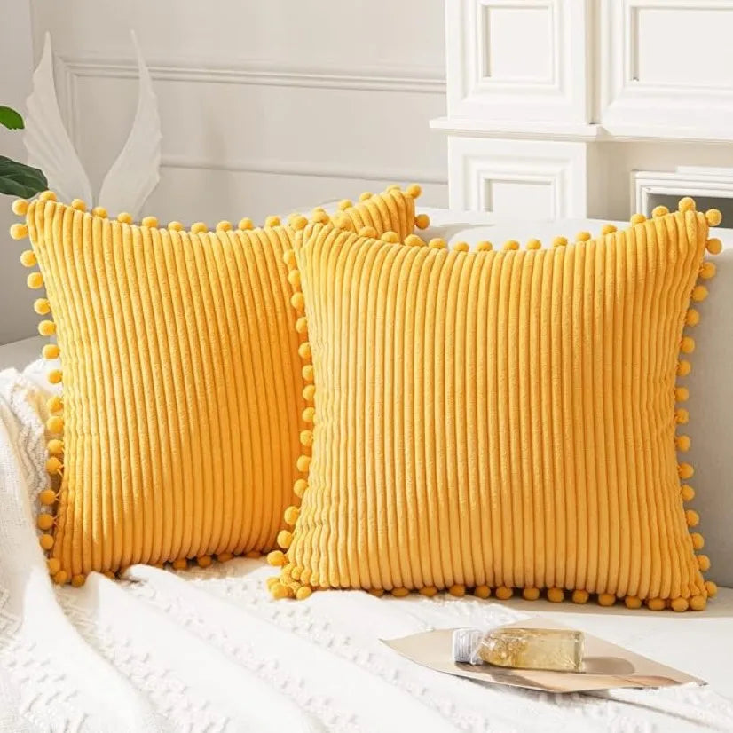 Boho Style Decorative Pillow Covers with Pom-poms 45x45cm Pillow Covers Corduroy Cushion Case Cute and Soft Square Throw Pillow