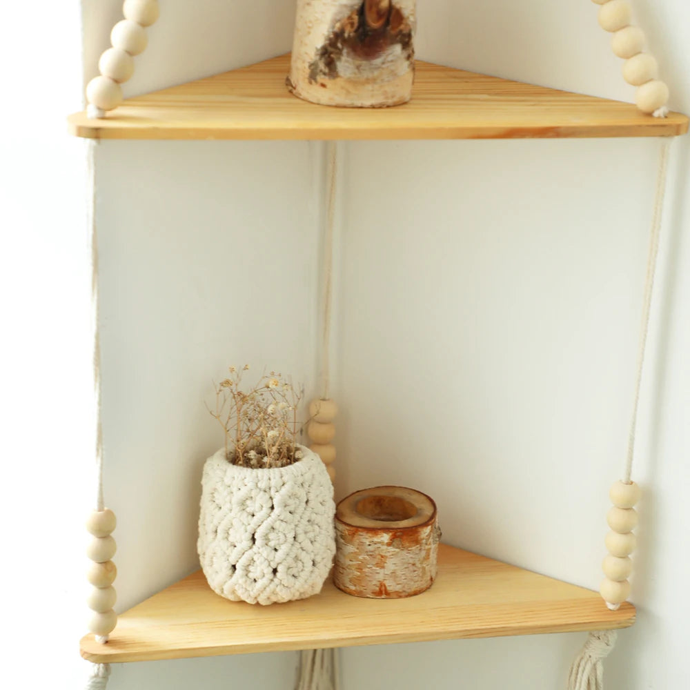 Macrame Hanging Shelf Wall Decor Handmade Rope Rustic Wood Floating Wall Shelf Display Stand Corner Wall Shelf For Photos Plant