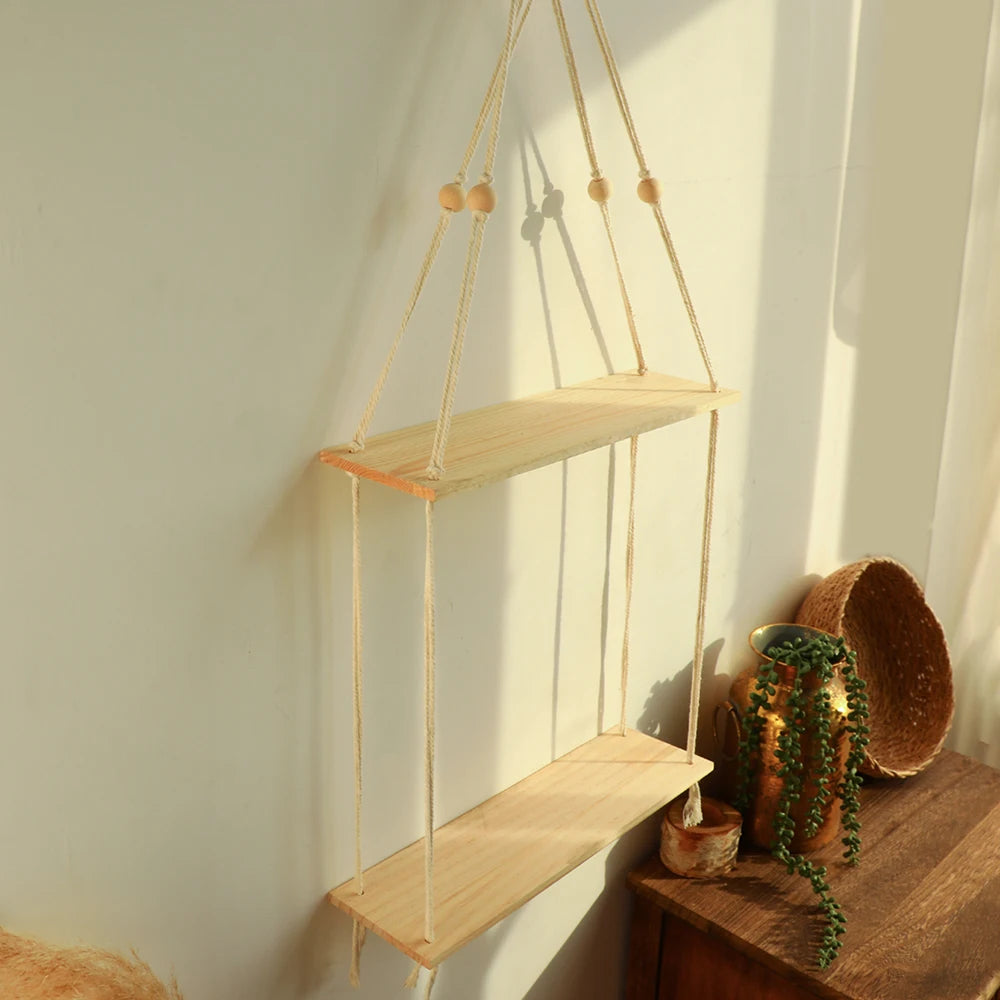 Macrame Hanging Shelf Wall Decor Handmade Rope Rustic Wood Floating Wall Shelf Display Stand Corner Wall Shelf For Photos Plant