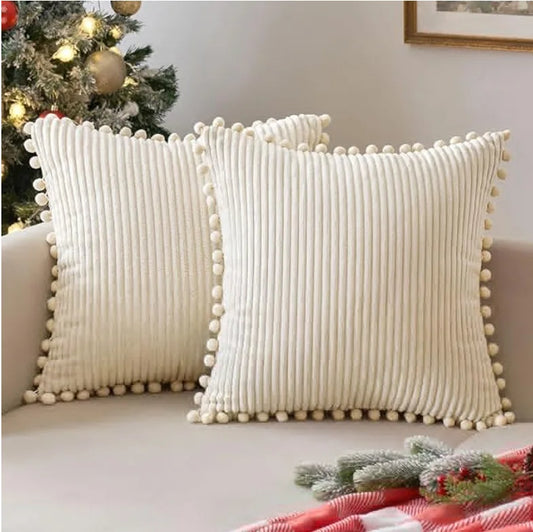 Boho Style Decorative Pillow Covers with Pom-poms 45x45cm Pillow Covers Corduroy Cushion Case Cute and Soft Square Throw Pillow