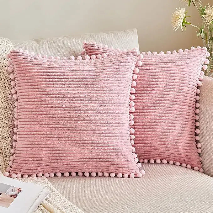 Boho Style Decorative Pillow Covers with Pom-poms 45x45cm Pillow Covers Corduroy Cushion Case Cute and Soft Square Throw Pillow