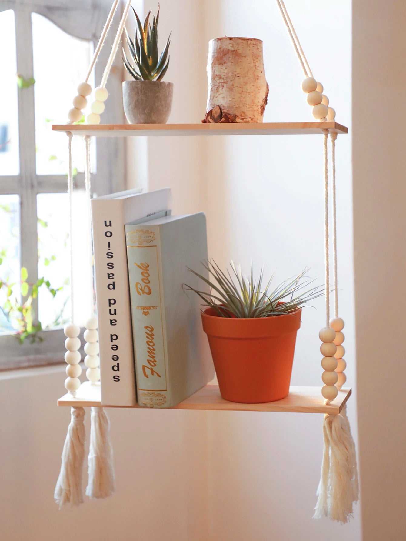 Macrame Hanging Shelf Wall Decor Handmade Rope Rustic Wood Floating Wall Shelf Display Stand Corner Wall Shelf For Photos Plant