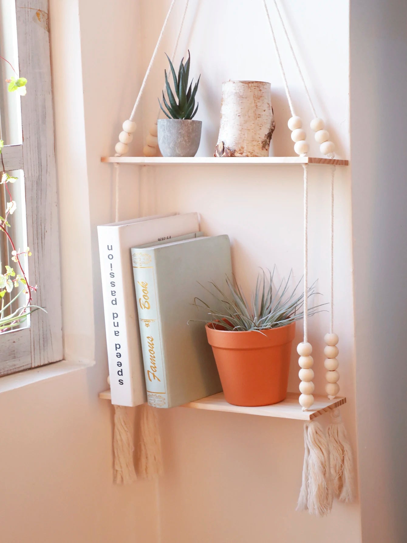 Macrame Hanging Shelf Wall Decor Handmade Rope Rustic Wood Floating Wall Shelf Display Stand Corner Wall Shelf For Photos Plant