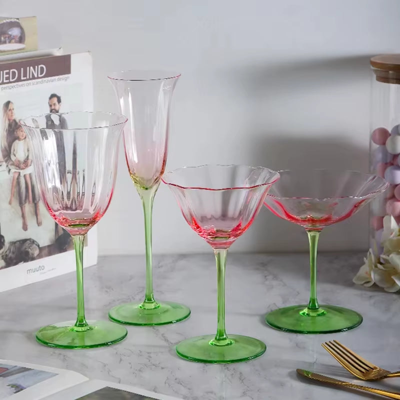 Luxury Retro Crystal Wine Glasses Light Vertical Stripes Flower Design Pink Green Champagne Flute Goblet for Cocktail Martini