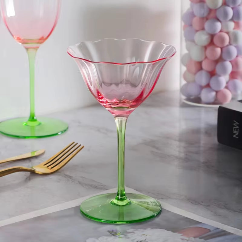 Luxury Retro Crystal Wine Glasses Light Vertical Stripes Flower Design Pink Green Champagne Flute Goblet for Cocktail Martini