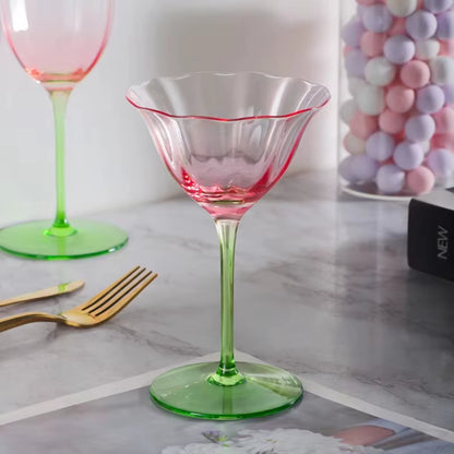Luxury Retro Crystal Wine Glasses Light Vertical Stripes Flower Design Pink Green Champagne Flute Goblet for Cocktail Martini