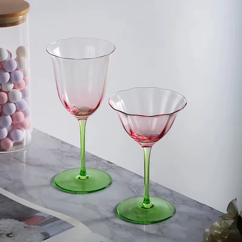 Luxury Retro Crystal Wine Glasses Light Vertical Stripes Flower Design Pink Green Champagne Flute Goblet for Cocktail Martini