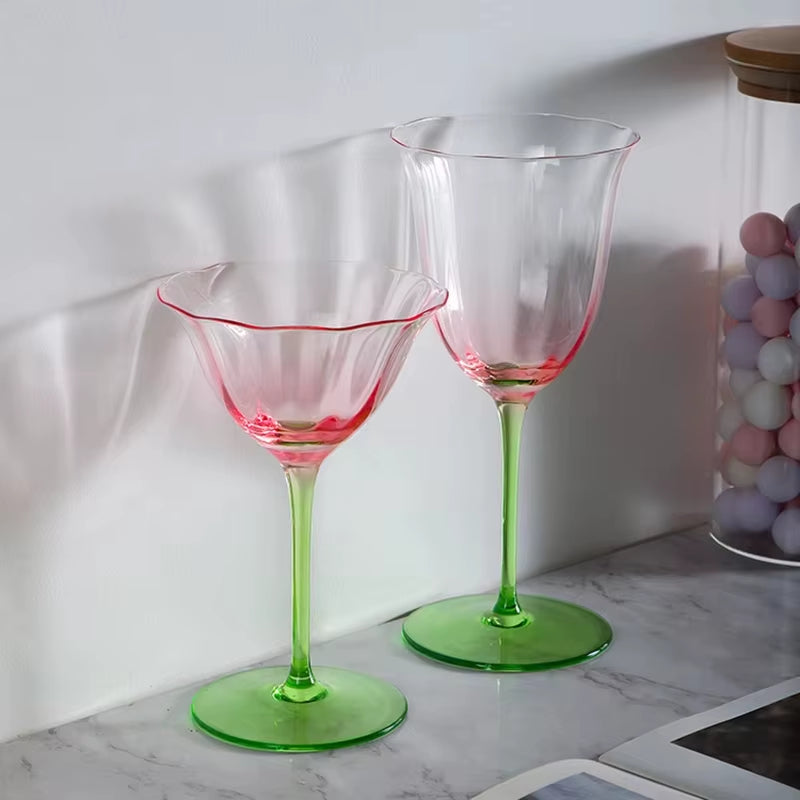 Luxury Retro Crystal Wine Glasses Light Vertical Stripes Flower Design Pink Green Champagne Flute Goblet for Cocktail Martini