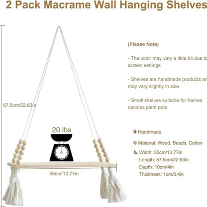 Wooden Macrame Wall Hanging Shelves - Boho Floating Shelves Macrame Plant Shelf Rustic Wall Decor for Bedroom Living Room Office