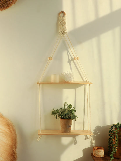 Macrame Hanging Shelf Wall Decor Handmade Rope Rustic Wood Floating Wall Shelf Display Stand Corner Wall Shelf For Photos Plant