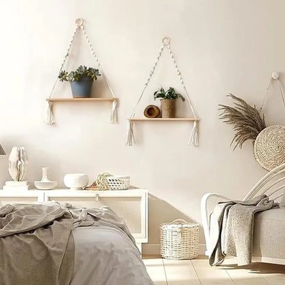Wooden Macrame Wall Hanging Shelves - Boho Floating Shelves Macrame Plant Shelf Rustic Wall Decor for Bedroom Living Room Office