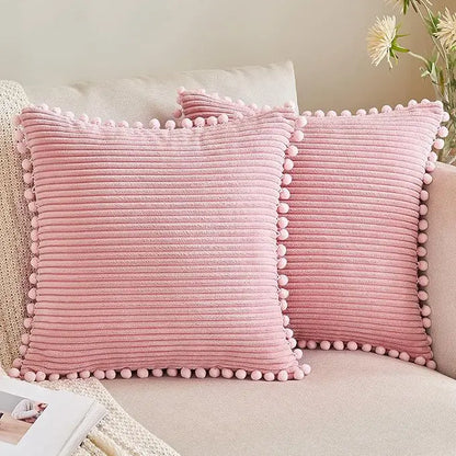 Boho Style Decorative Pillow Covers with Pom-poms 45x45cm Pillow Covers Corduroy Cushion Case Cute and Soft Square Throw Pillow