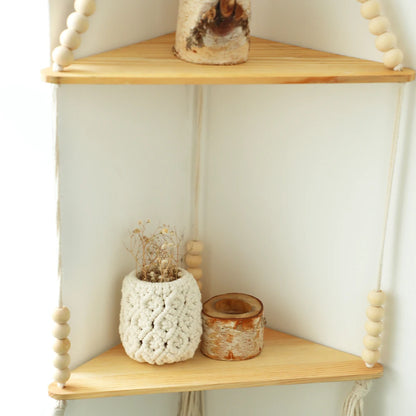 Macrame Hanging Shelf Wall Decor Handmade Rope Rustic Wood Floating Wall Shelf Display Stand Corner Wall Shelf For Photos Plant