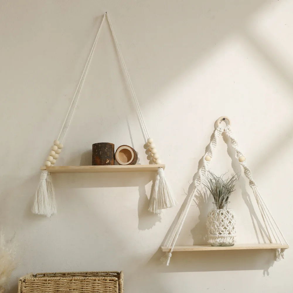 Wooden Macrame Wall Hanging Shelves - Boho Floating Shelves Macrame Plant Shelf Rustic Wall Decor for Bedroom Living Room Office