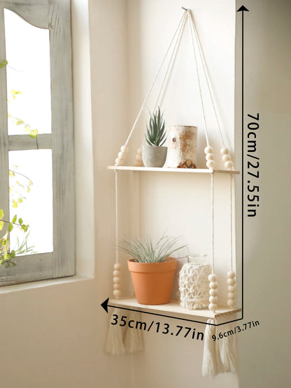 Macrame Hanging Shelf Wall Decor Handmade Rope Rustic Wood Floating Wall Shelf Display Stand Corner Wall Shelf For Photos Plant