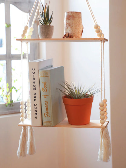 Macrame Hanging Shelf Wall Decor Handmade Rope Rustic Wood Floating Wall Shelf Display Stand Corner Wall Shelf For Photos Plant
