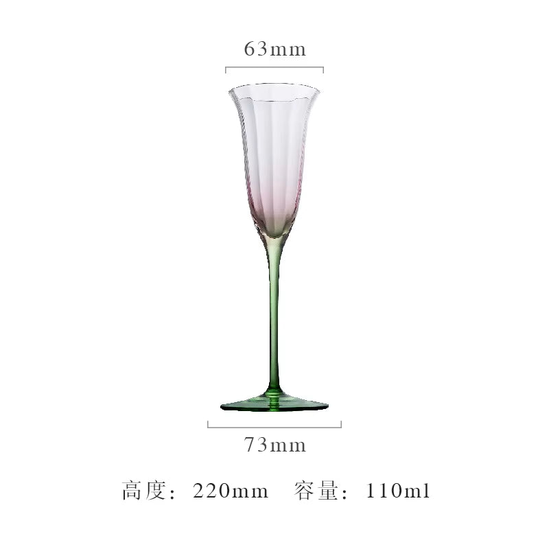 Luxury Retro Crystal Wine Glasses Light Vertical Stripes Flower Design Pink Green Champagne Flute Goblet for Cocktail Martini