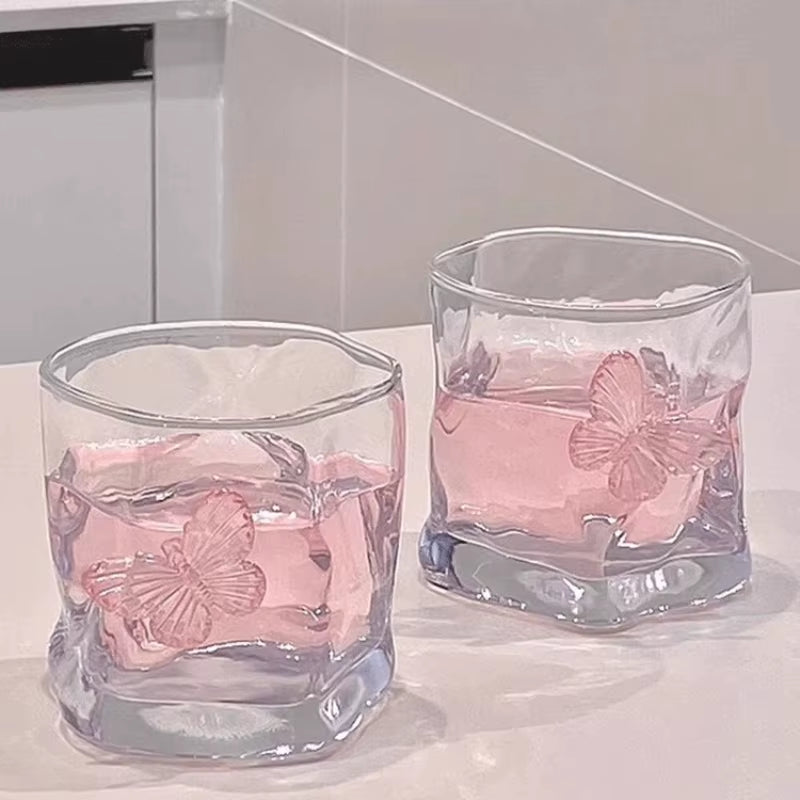 Butterfly Transparent Whiskey Twisted Glass Cup,High Beauty Water Cup Beer Glass Household Juice Glasses Cold Drink Glassware
