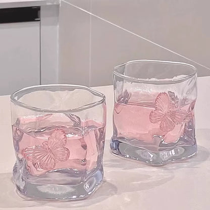 Butterfly Transparent Whiskey Twisted Glass Cup,High Beauty Water Cup Beer Glass Household Juice Glasses Cold Drink Glassware