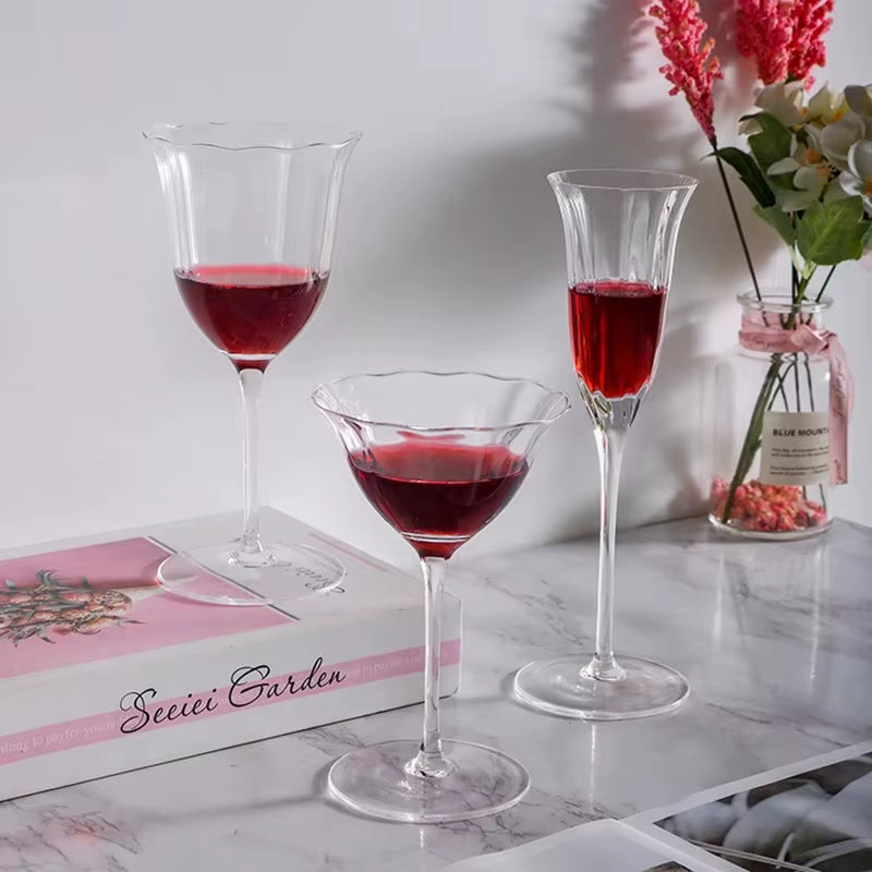 Luxury Retro Crystal Wine Glasses Light Vertical Stripes Flower Design Pink Green Champagne Flute Goblet for Cocktail Martini